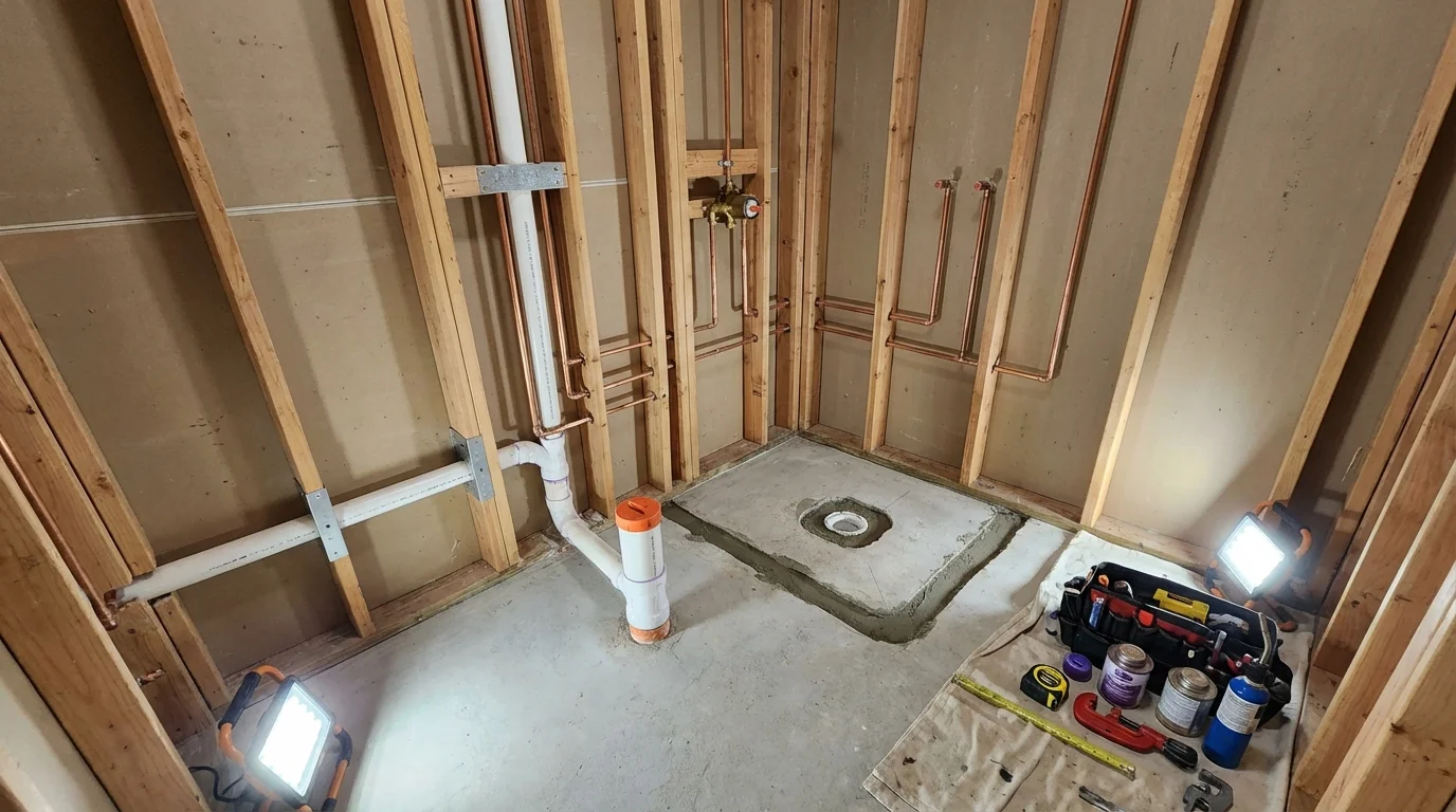 Bathroom rough-in plumbing during remodel by Johns Plumbing LLC in Moscow Mills