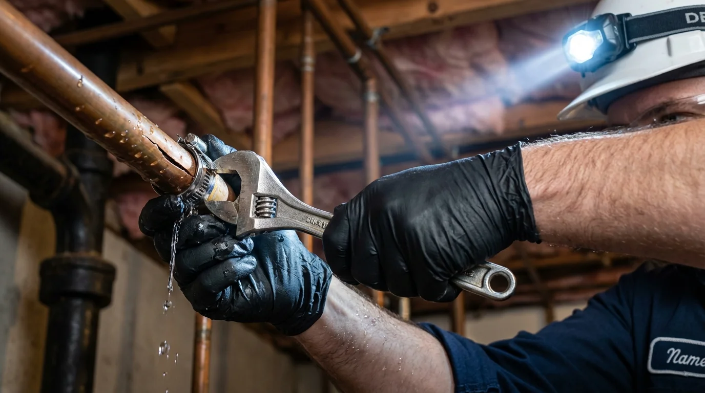 Emergency pipe clamp repair being performed by a Johns Plumbing LLC plumber in Moscow Mills