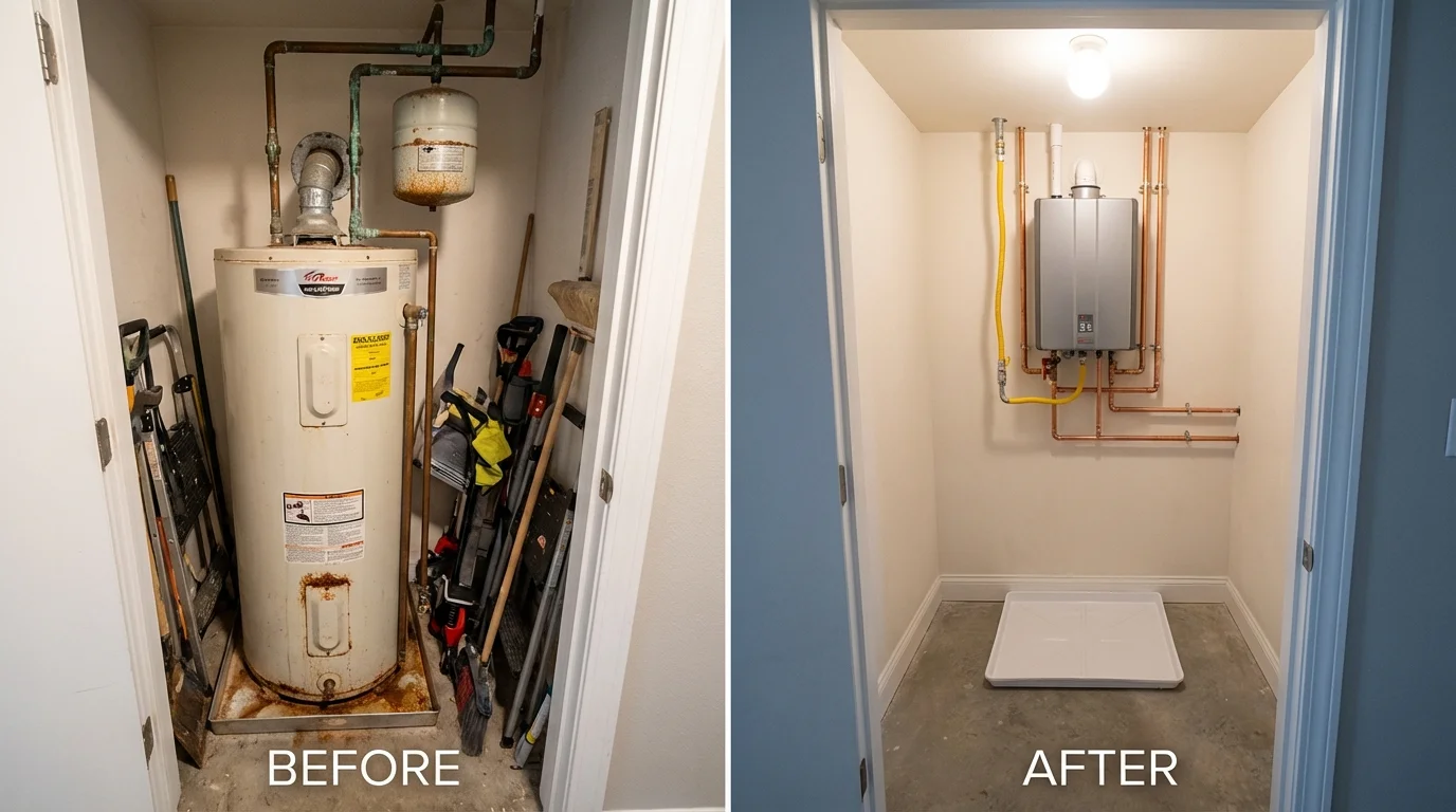 Tank water heater versus wall-mounted tankless unit comparison for Moscow Mills, MO homeowners