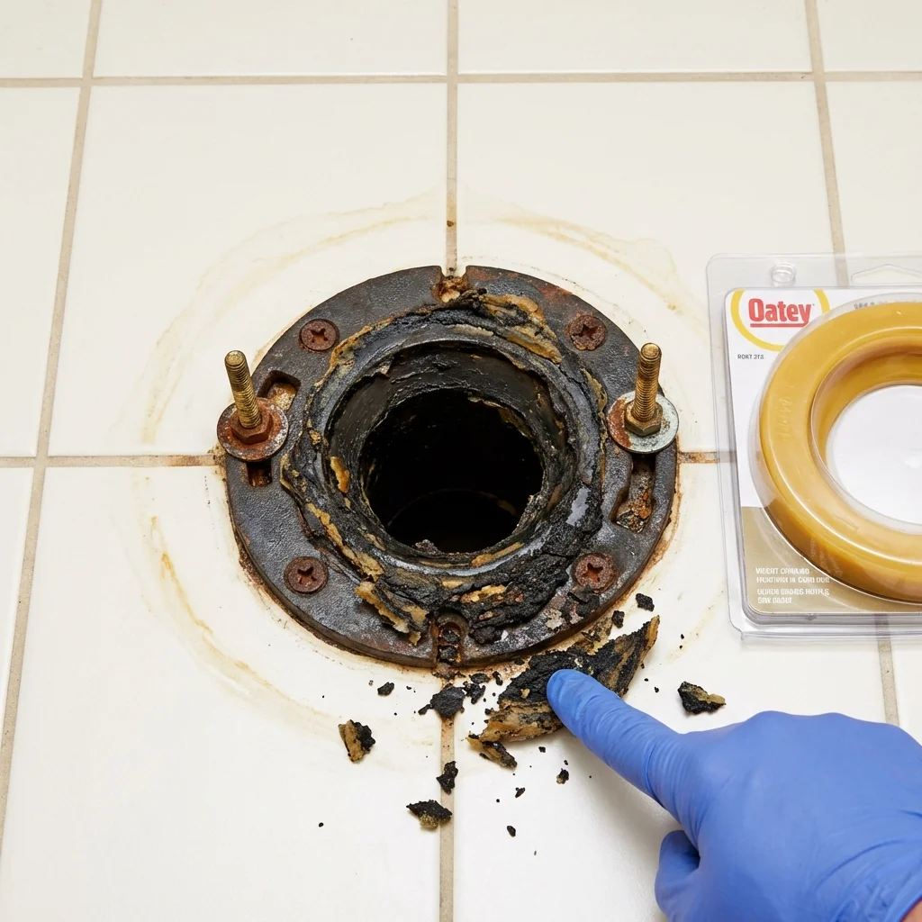 Failed wax ring showing water seepage at the base of a toilet in a Moscow Mills, MO home
