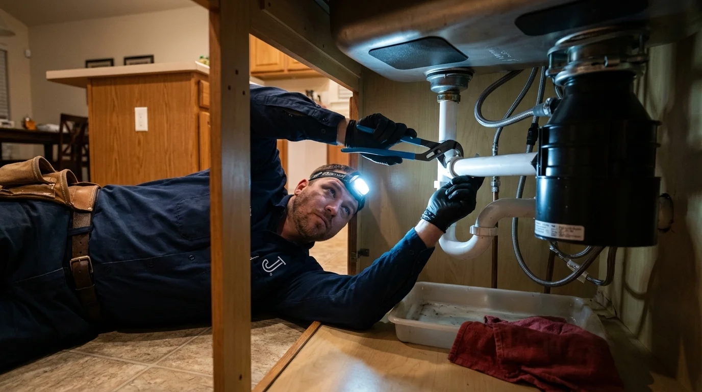 P-trap and supply line connections under a kitchen sink showing a common leak point in Moscow Mills, MO